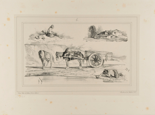 SKETCHES OF MAN DRINKING FROM A STREAM WITH CART AND HORSES, SEATED PEASANT, AND FARMHOUSE