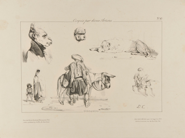 Sketches of monekys, dog, and Turkish figures