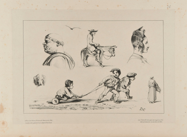 Sketches of a monk, a dog, man on a donkey, woman with fashionable hairdo, chlidren playing with a cart, and a peasant woman