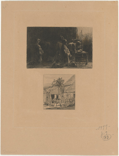 CHILDREN PRAYING; CART NEAR A HOUSE