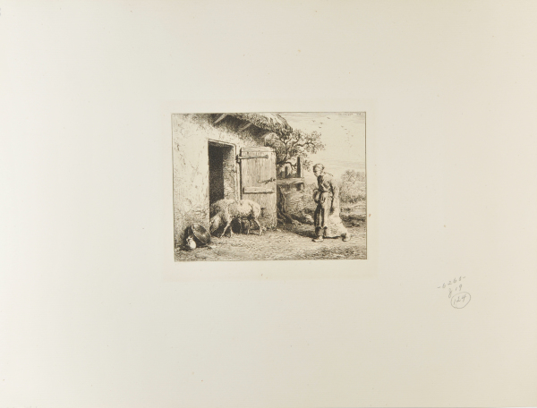 WOMAN RETURNING PIGS TO A STY