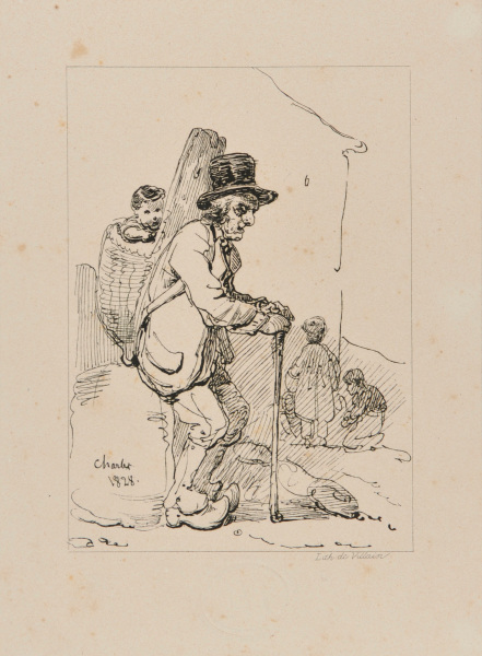 MAN CARRYING CHILD IN BASKET ON HIS BACK