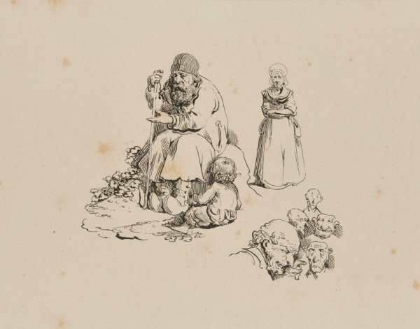 THREE SKETCHES: OLD MAN BEGGING WITH LITTLE CHILD; OLD WOMAN; GROTESQUE HEADS