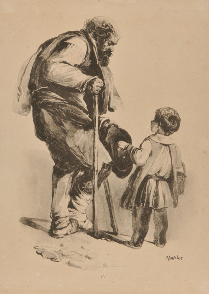 MAN ON CRUTCHES WITH SMALL BOY