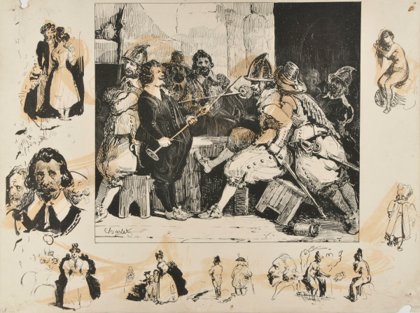 TWO MEN STARTING A DUEL, SURROUNDED BY SKETCHES