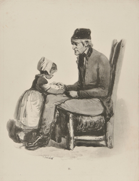 SEATED MAN WITH CHILD READING AT HIS KNEES