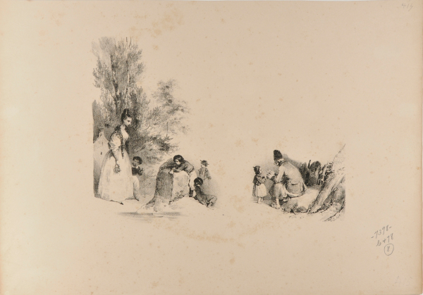 SHEET OF TWO SKETCHES: YOUNG WOMAN WITH CHILDREN; SEATED OLD MAN WITH CHILD