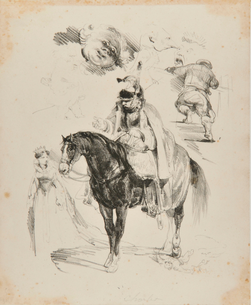 SHEET OF SKETCHES: SOLDIER ON HORSEBACK IN CENTER