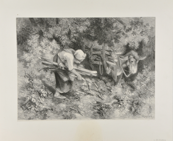 WOMAN GATHERING WOOD, WITH A DONKEY TO THE RIGHT