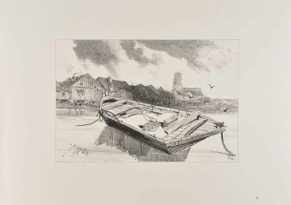 MOORED BOAT WITH VIEW OF A VILLAGE IN THE BACKGROUND