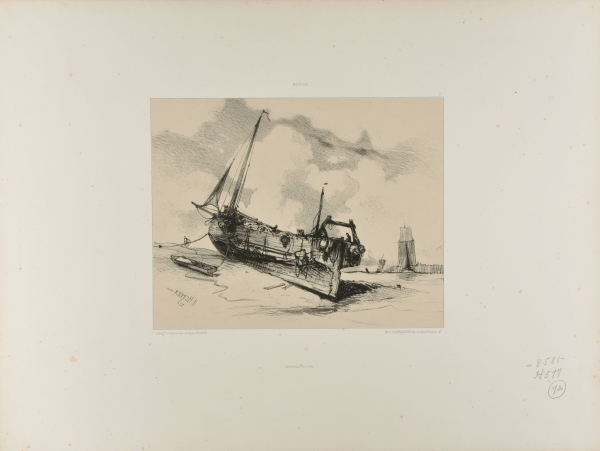 BOAT BANKED AT THE MOUTH OF A RIVER, WITH A DINGHY NEARBY