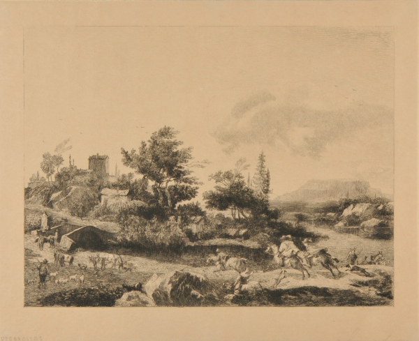 THREE HORSEMEN RIDING TOWARD A VILLAGE