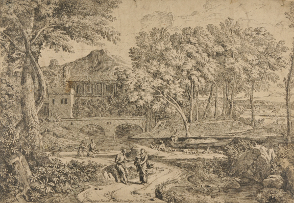 LANDSCAPE WITH A FLOCK OF SHEEP BY A RIVER