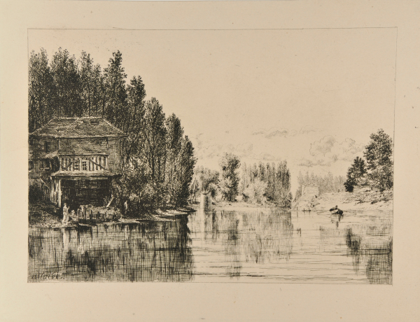 House by a River with Man in a Row Boat