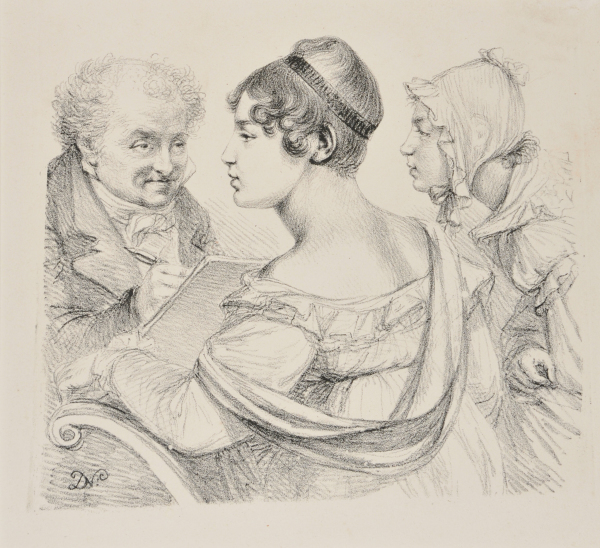 Man drawing a woman with servant looking on