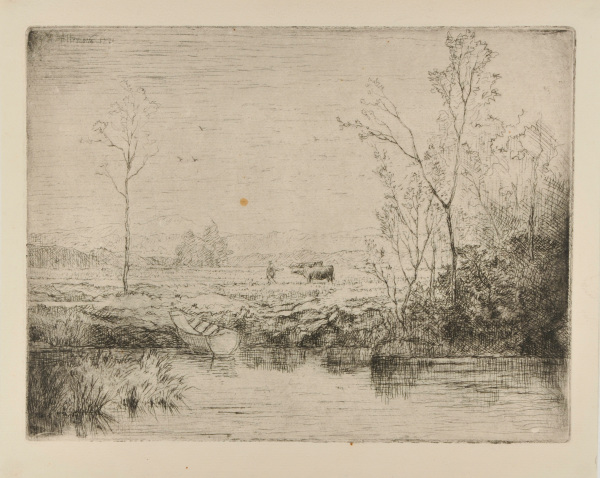LANDSCAPE WITH FARMER AND TWO COWS IN A FIELD SEEN FROM THE RIVER