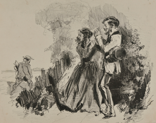 Woman Quieting a Young Man with Hunter Passing By