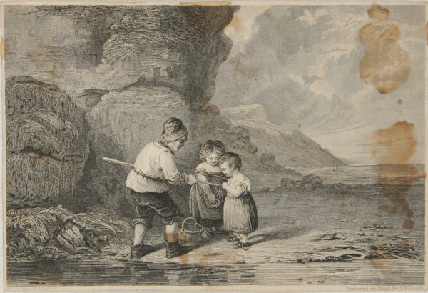 THREE CHILDREN ON A BEACH, ONE HOLDING A NET