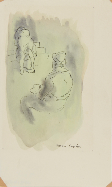 WOMAN SCRUBBING STAIRS, MAN SITTING