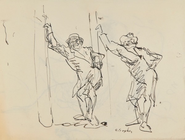TWO MEN LEANING AGAINST COLUMNS (RECTO); SKETCHES (VERSO)
