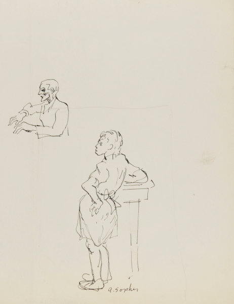 WOMAN LEANING AGAINST TABLE