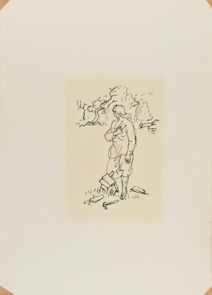 WOMAN WITH A BIRDHOUSE, LOOKING INTO THE WOODS