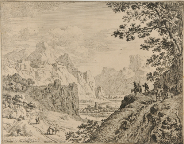 PEASANTS IN CONVERSATION AT TOP OF HILL