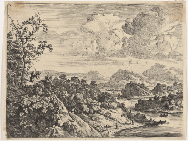 MAN WITH A PACK ON HIS BACK AT LEFT, WITH THE RHINE VALLEY IN THE DISTANCE