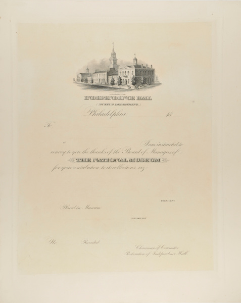 "INDEPENDENCE HALL/(MUSEUM DEPARTMENT)" (FORM FOR ACKNOWLEDGEMENT OF GIFTS)
