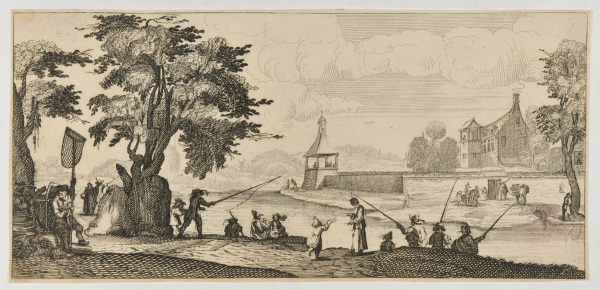 RIVER SCENE WITH PEOPLE FISHING