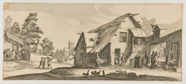 VILLAGE SCENE WITH MEN AROUND A TABLE UNDER A ROOF AT CORNER OF HOUSE