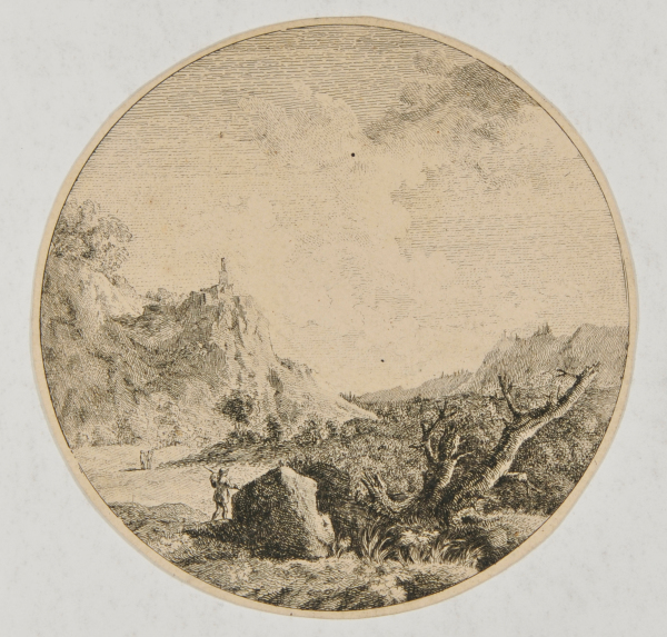 ROCKY LANDSCAPE, WITH BROKEN TREE IN FOREGROUND