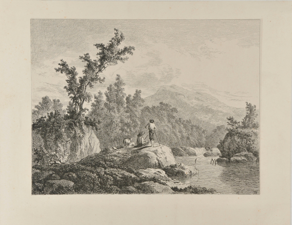 LANDSCAPE WITH SHEPHERDS AND SHEEP BY A RIVER