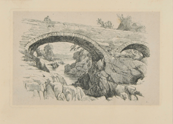 ARCHED STONE BRIDGE OVER A RIVER WITH ROCKY BANKS