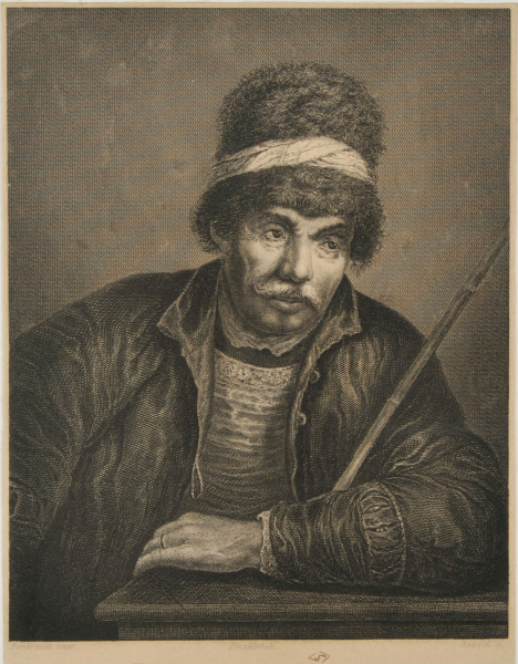 HALF LENGTH FIGURE OF A MAN, WEARING A FUR CAP, LEANING ON A TABLE