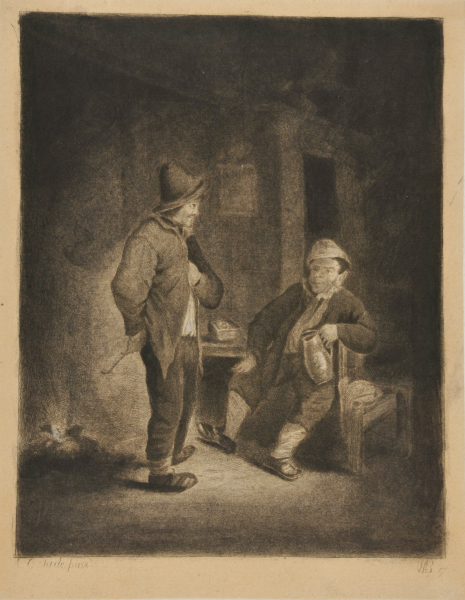 TWO MEN, ONE SITTING HOLDING A JUG