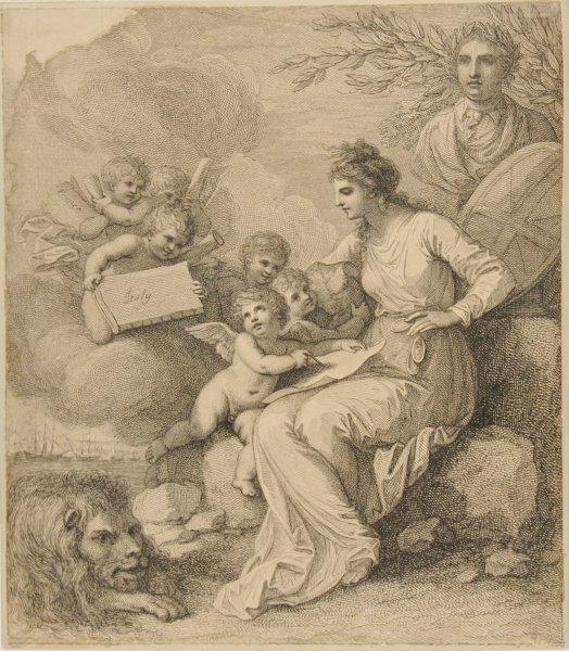 ALLEGORICAL FIGURE OF GREAT BRITAIN, SEATED ON ROCKS BY THE SEA, ATTENDED BY CUPID