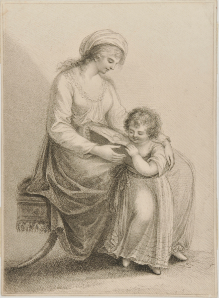MOTHER WITH CHILD STANDING AT HER KNEES