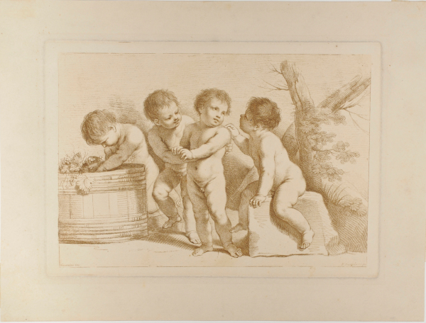 Group of Four Children, One Looking into a Tub with Grapes
