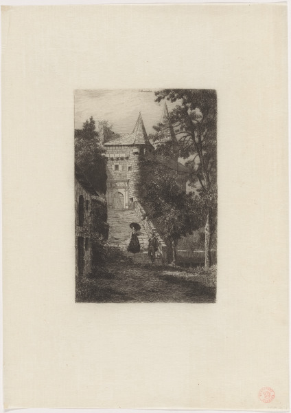 Man and woman descending the steps of a château