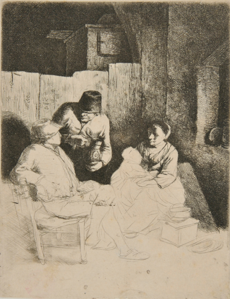 INTERIOR OF AN INN, WITH A MOTHER AND CHILD, AND TWO MEN