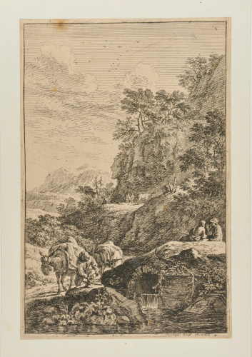 ROCKY LANDSCAPE WITH DROVER AND TWO MULES