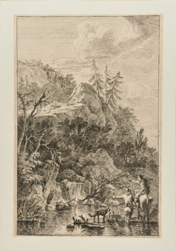 WOMAN ON HORSEBACK WITH MAN STANDING IN WATER