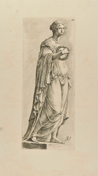 DRAPED FEMALE FIGURE HOLDING A WREATH TURNED TO RIGHT