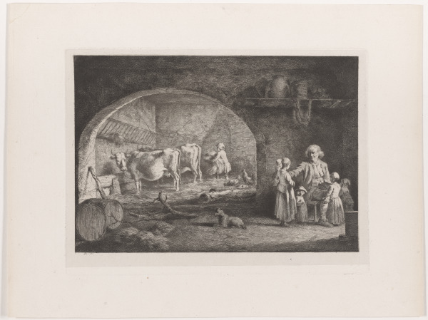 Interior of a Barn, with Old Man, Surrounded By Five Children