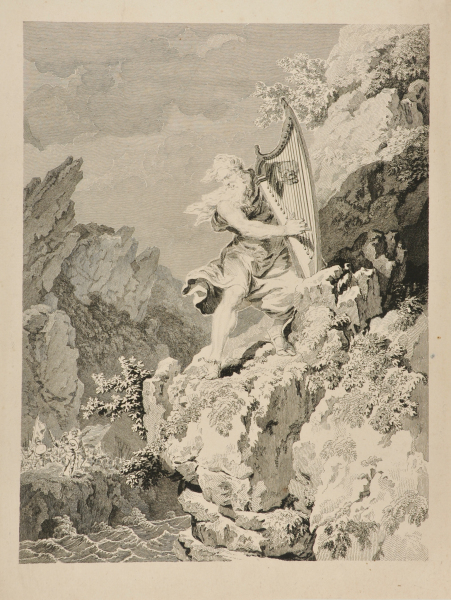 Old Bard Playing on His Harp, Standing on a Cliff above Rough Waters