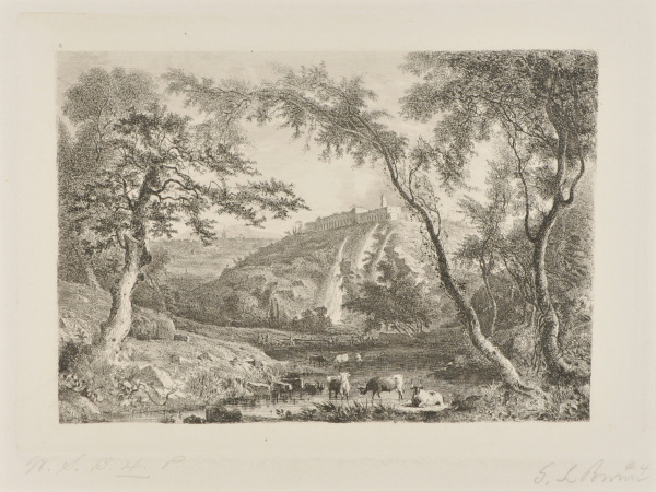 ITALIAN LANDSCAPE; CATTLE DRINKING FROM STREAM IN FOREGROUND