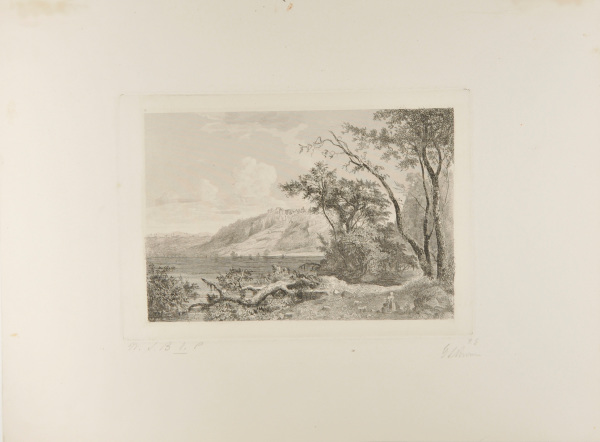 ITALIAN LANDSCAPE; LAKE TO LEFT, WITH FALLEN TREES IN FOREGROUND AND MOUNTAINS IN DISTANCE