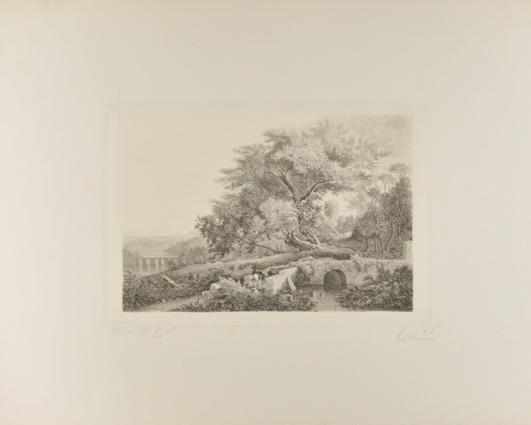 ITALIAN LANDSCAPE; STREAM AT RIGHT AND LARGE TREE IN BACKGROUND