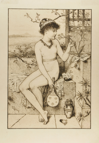 Nude Girl, Holding Racquet, Sitting on Stone Bench